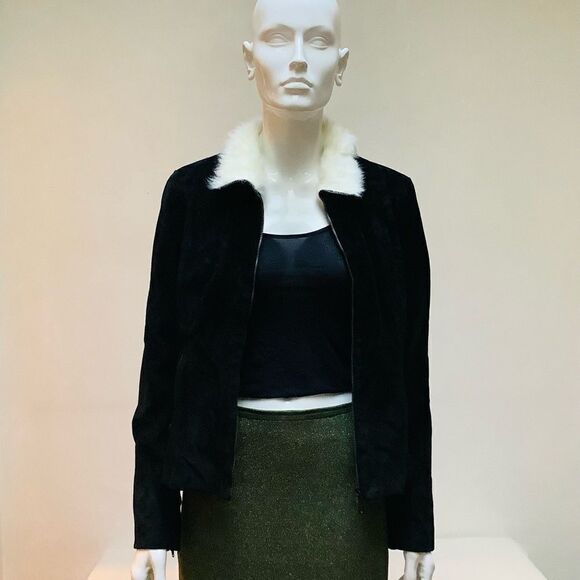 PETER COHEN ZIP FRONT FITTED SUEDE JACKET NWOT BLACK WHITE COLLAR DEATIL - Picture 2 of 6